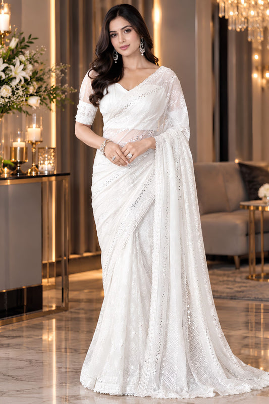 Pristine White Georgette Silk Saree with Sequin Work for Women