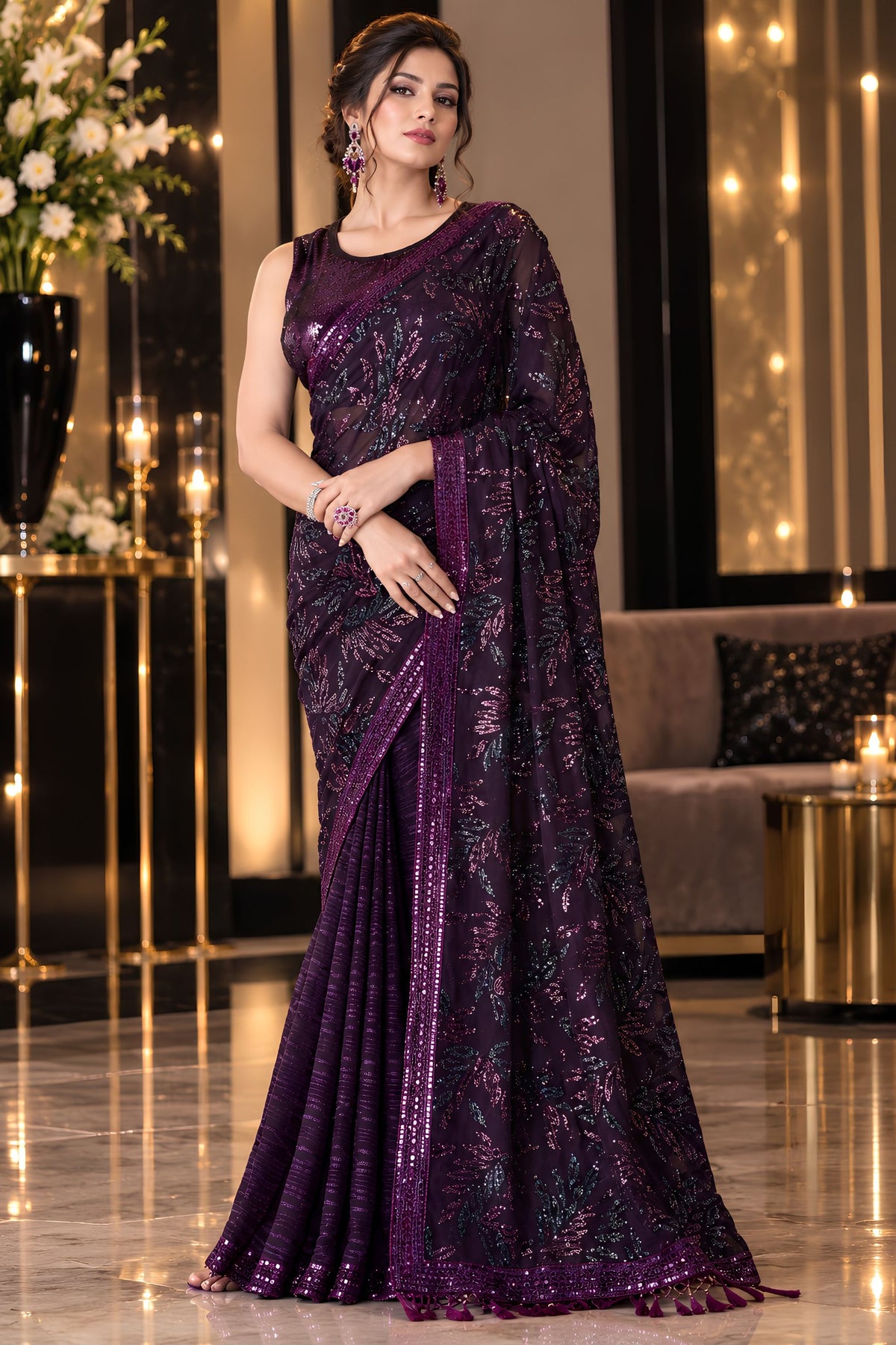 Stunning Wine Georgette Silk Saree Sequin Work for Women