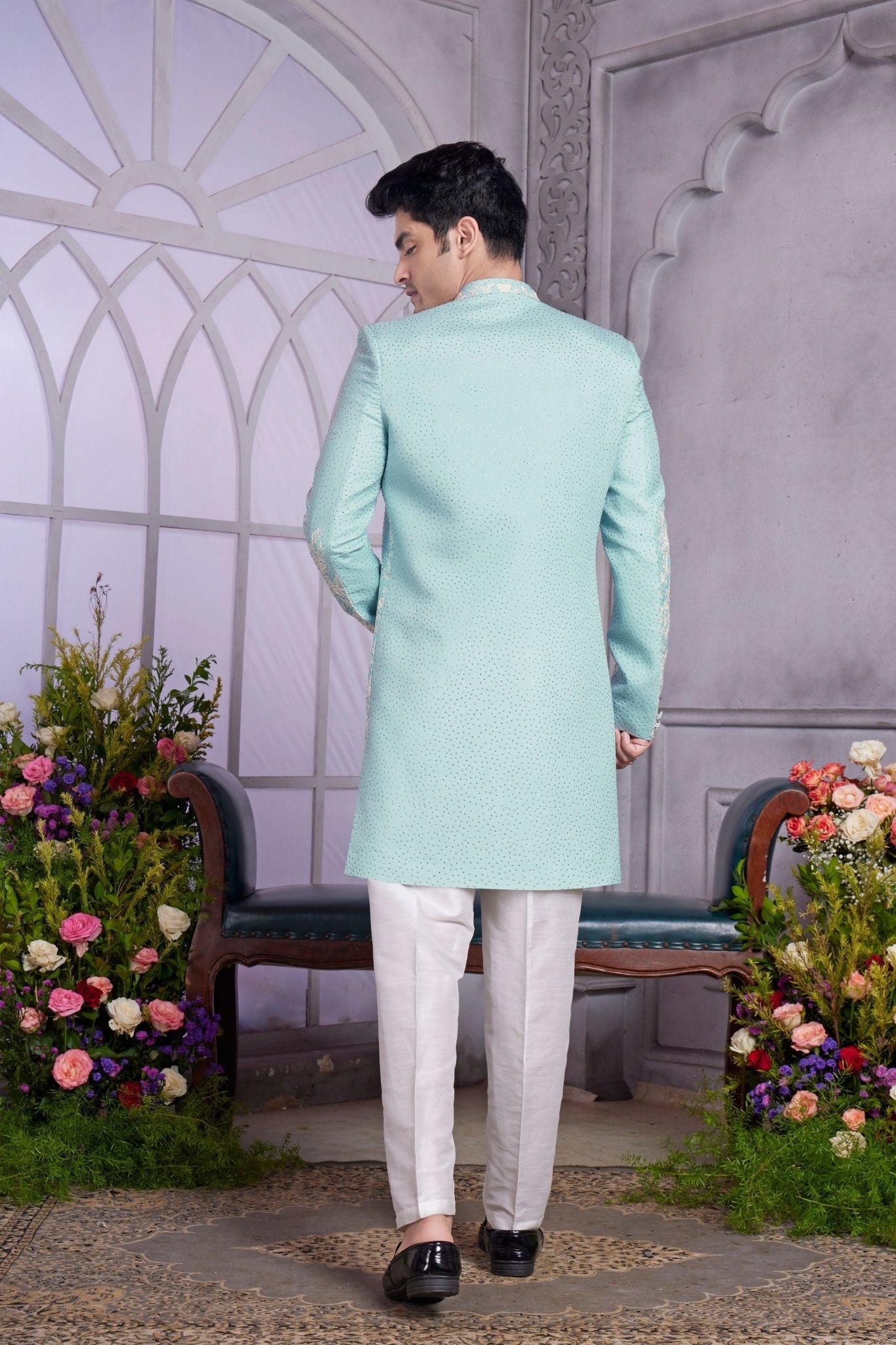 Aqua Blue Embroidered Indo Western for Men - Mangaldeep NX