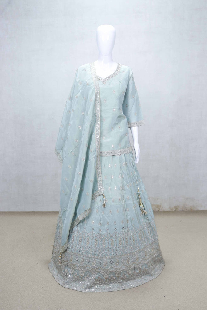 Aqua Blue Embroidered Lehenga Choli with Mirror and Sequin Work and Scalloped Zari Border - Mangaldeep NX