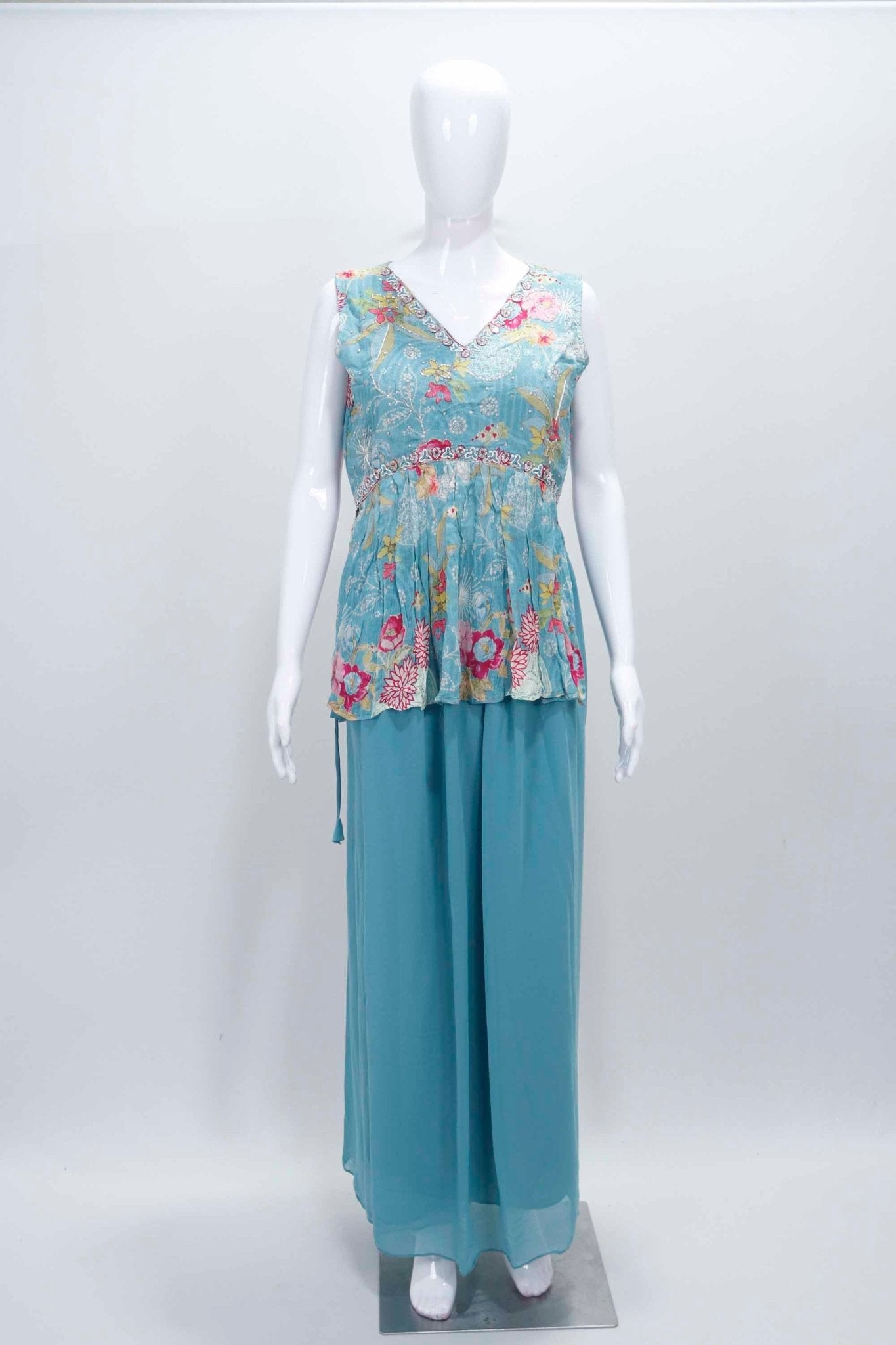 Aqua Blue Sleeveless Floral Printed Peplum Kurta Set with Flared Palazzo Pants - Mangaldeep NX