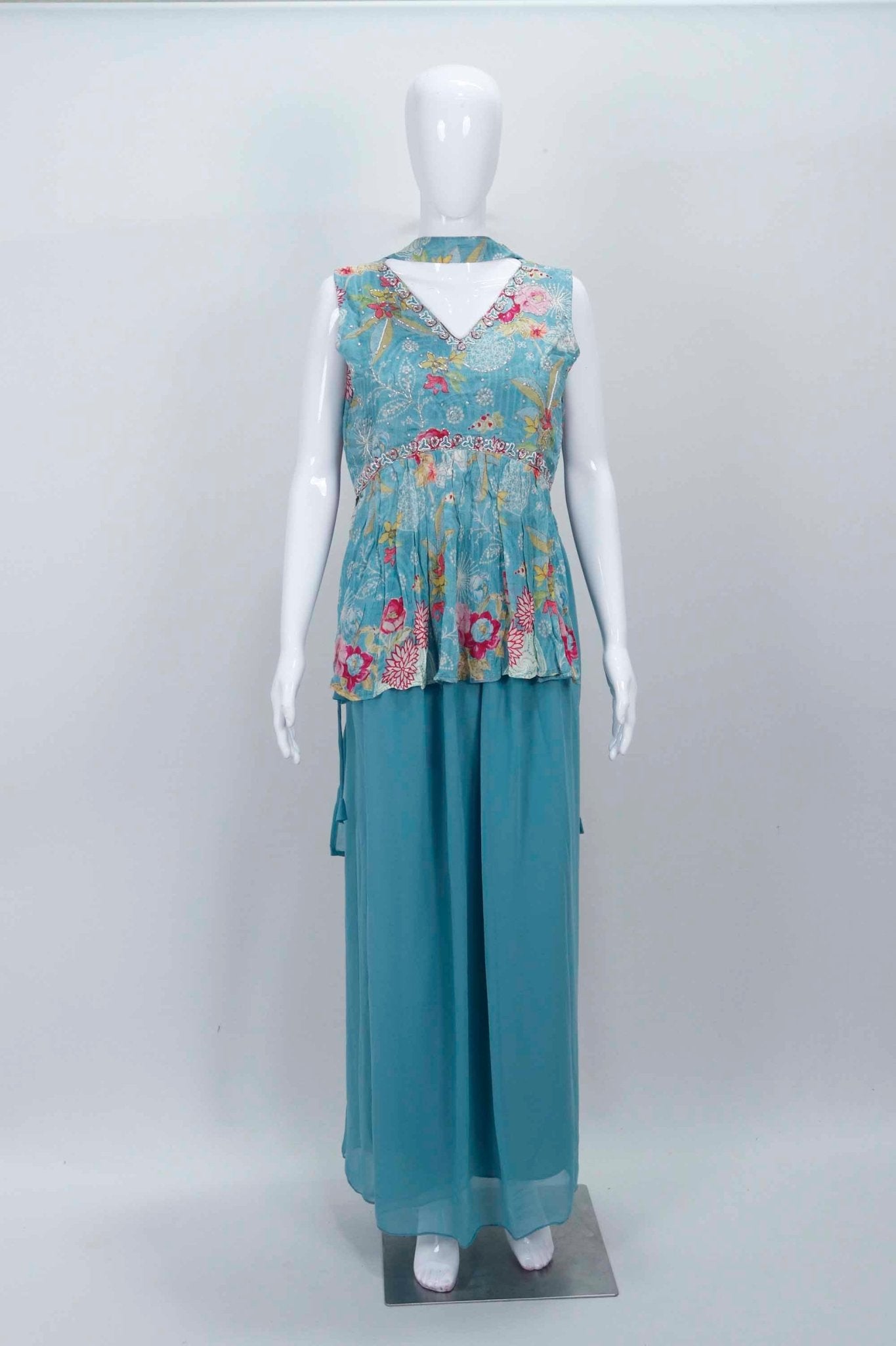 Aqua Blue Sleeveless Floral Printed Peplum Kurta Set with Flared Palazzo Pants - Mangaldeep NX