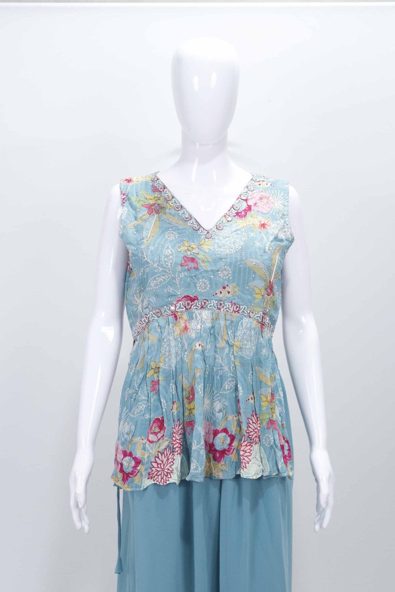 Aqua Blue Sleeveless Floral Printed Peplum Kurta Set with Flared Palazzo Pants - Mangaldeep NX