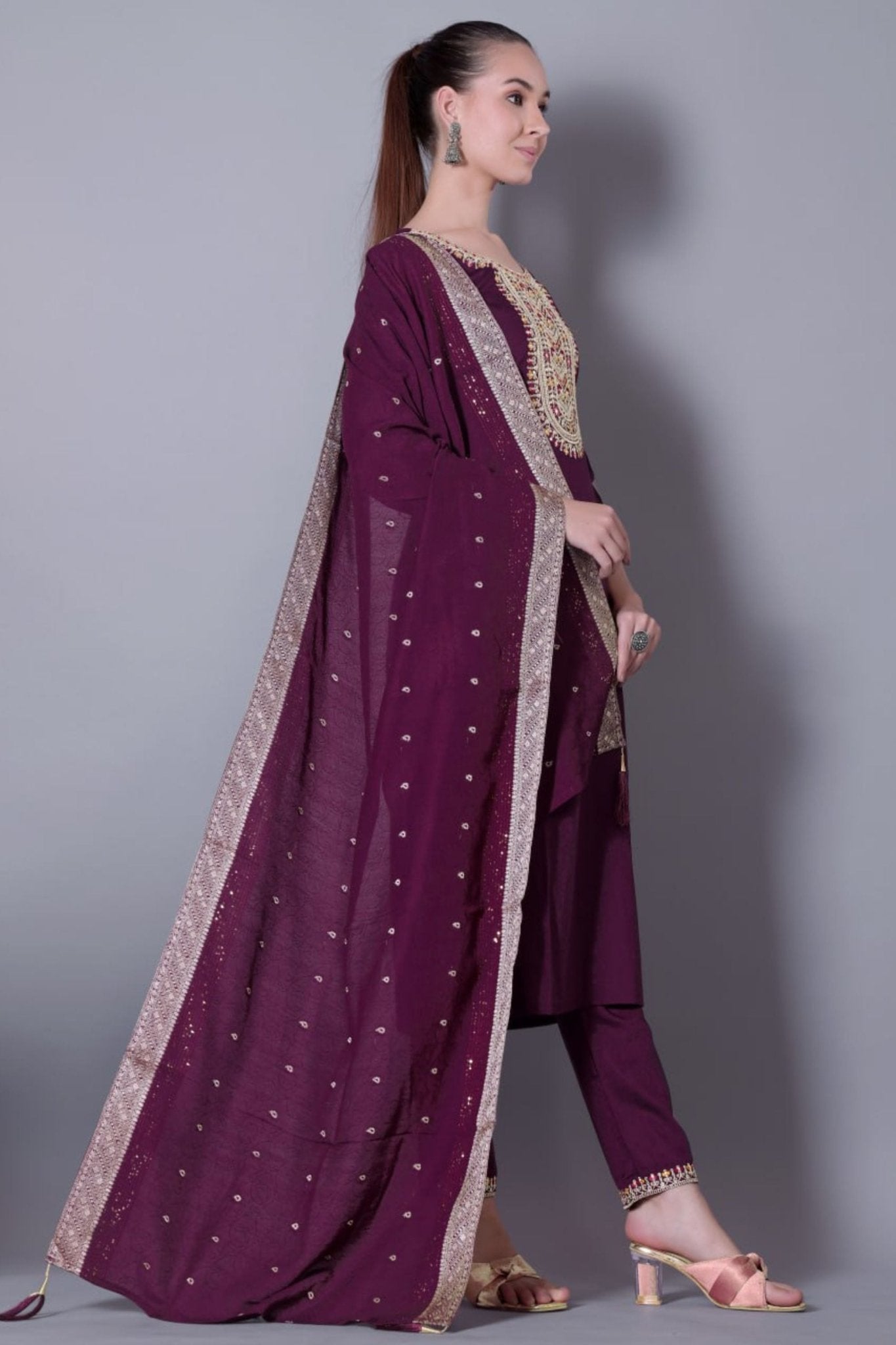 Astonishing Wine Embroidered Pant Style Salwar Suit - Mangaldeep NX