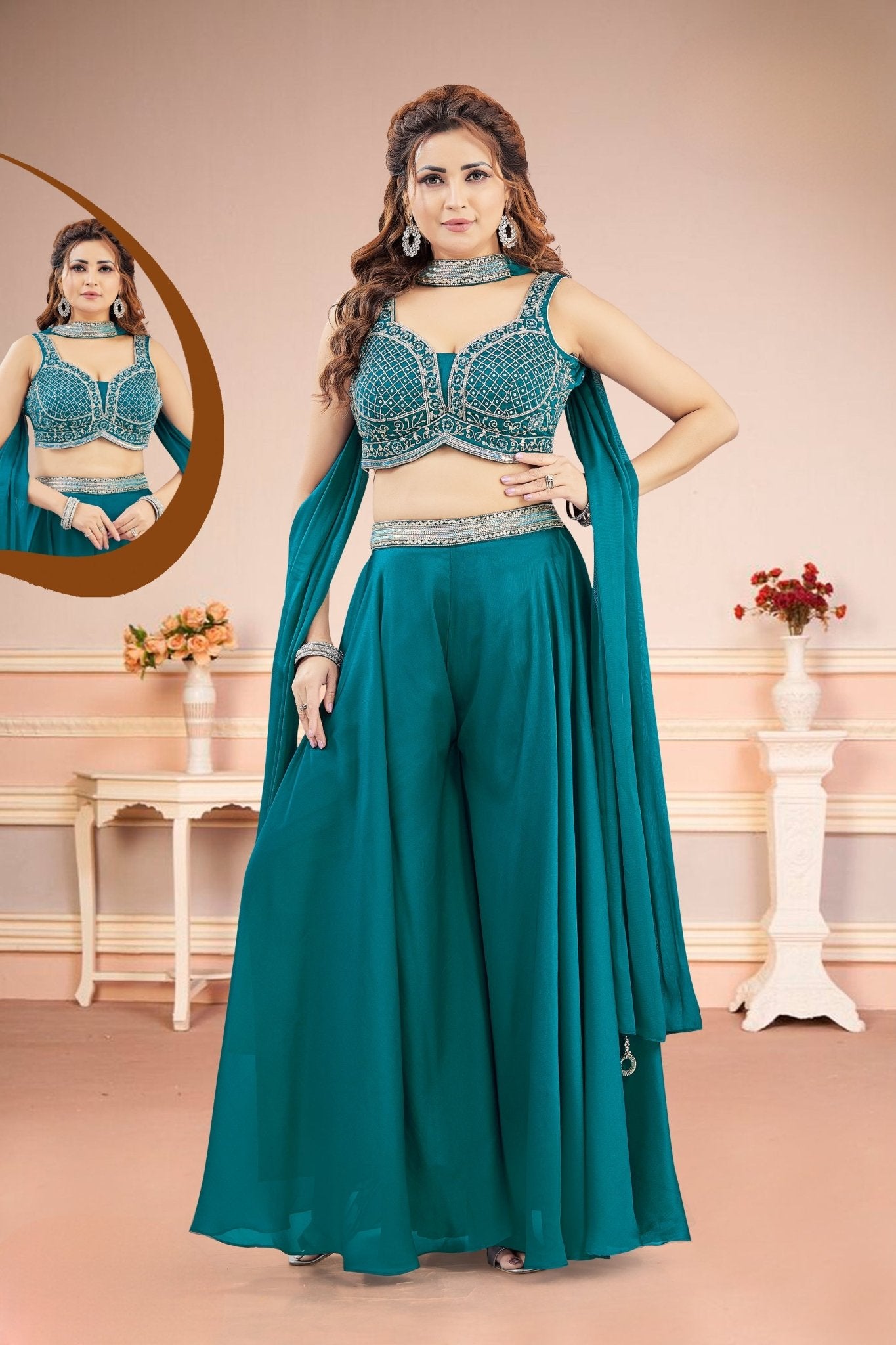 Attractive Teal Green Silk Embroidered Work Salwar Suit - Mangaldeep NX