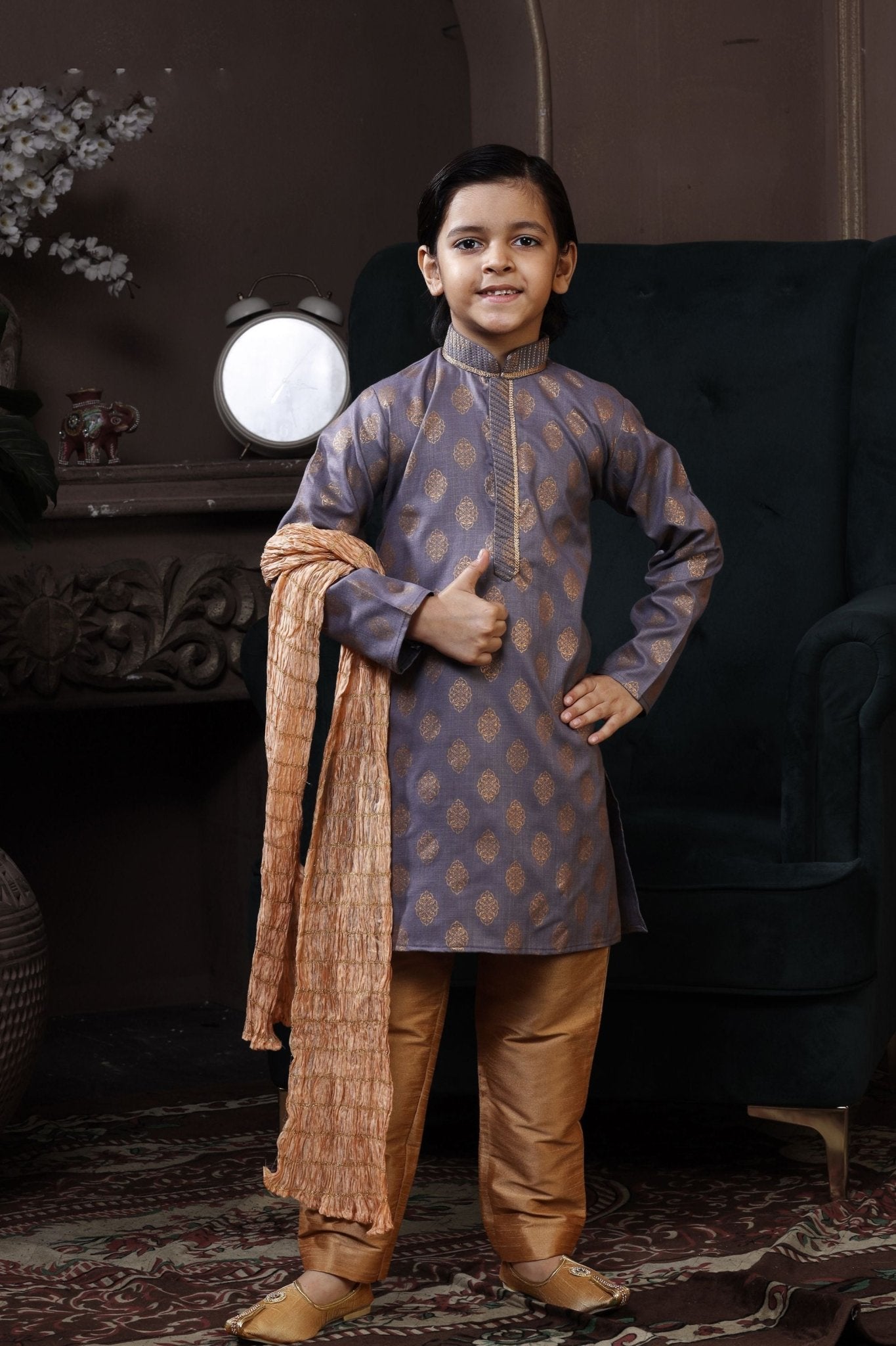 Awesome Boys Blue Kurta Pyjama Set with Golden Dupatta - Mangaldeep NX
