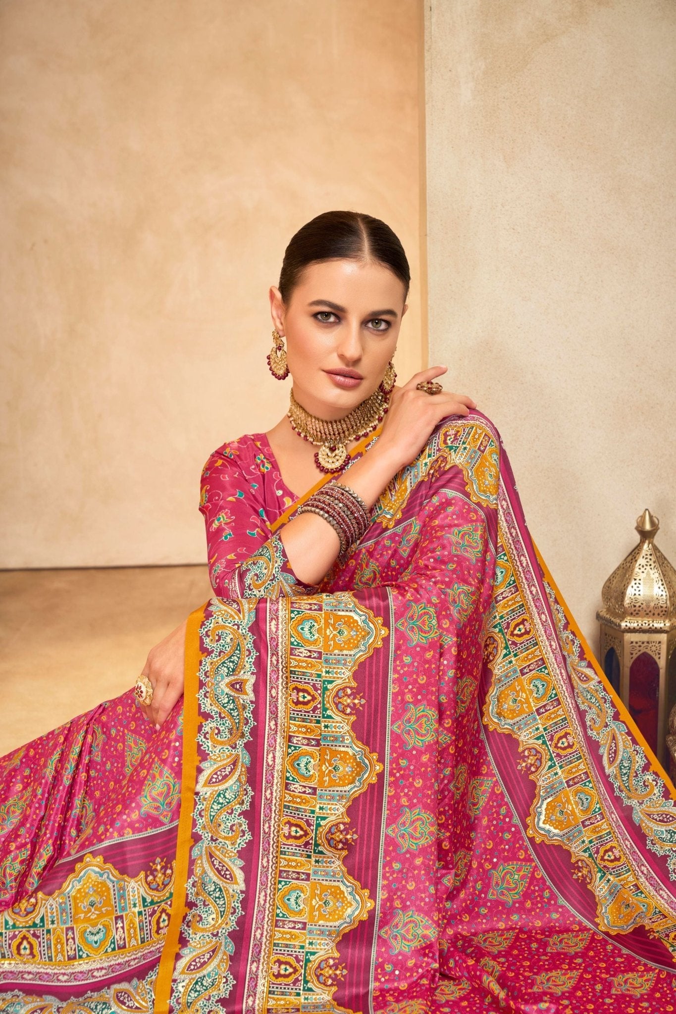 Awesome Pink and Orange Bandhani Printed Saree with Traditional Motifs - Mangaldeep NX