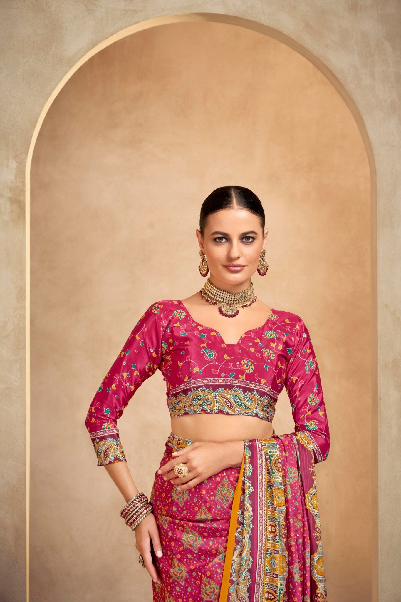 Awesome Pink and Orange Bandhani Printed Saree with Traditional Motifs - Mangaldeep NX