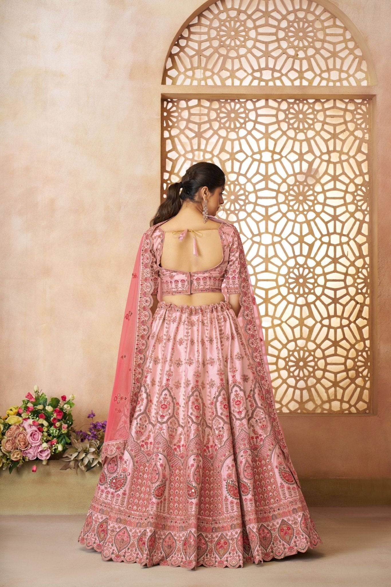 Baby Pink Embroidered Bridal Lehenga Choli Set with Net Dupatta - Mangaldeep NX