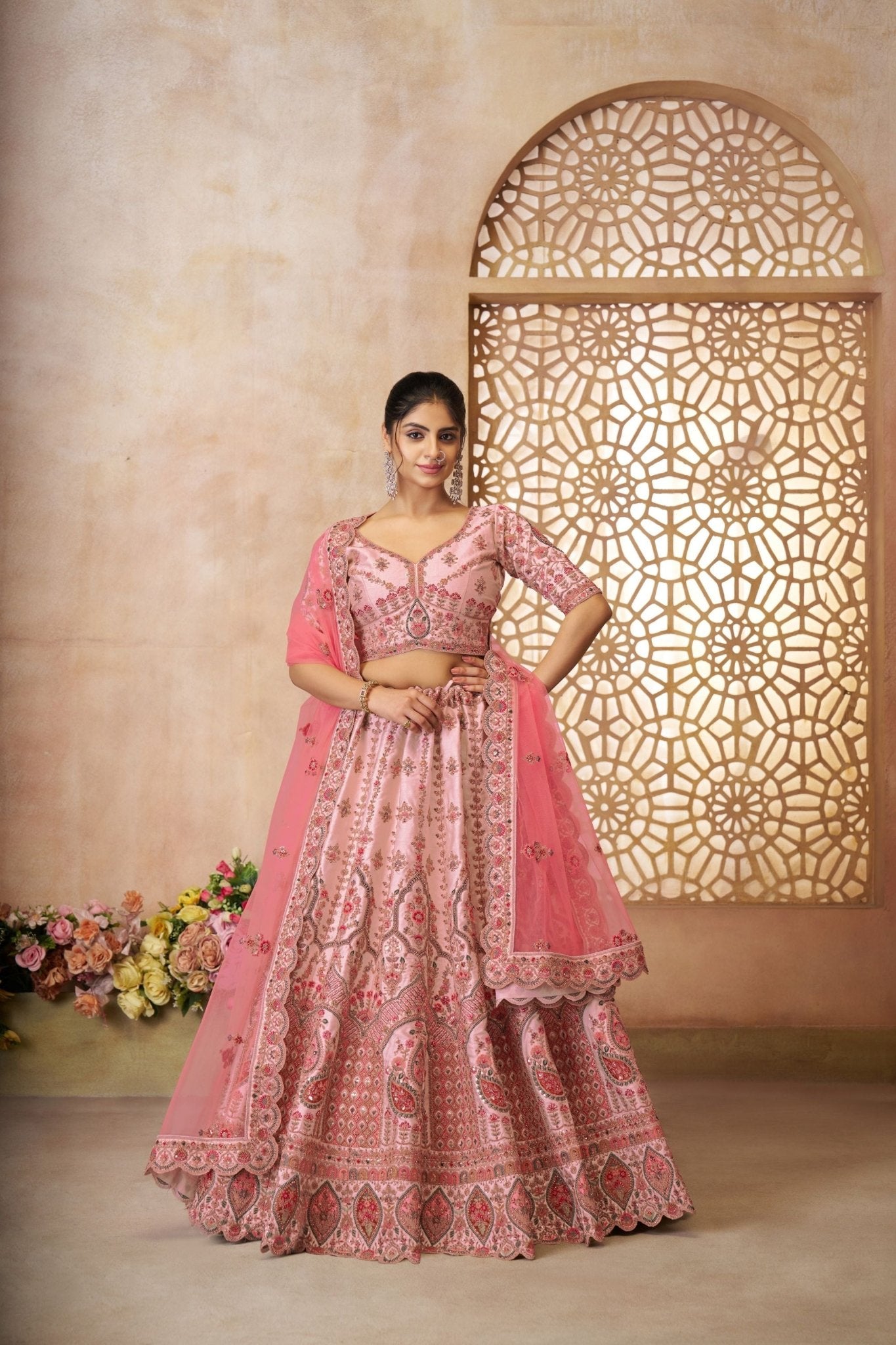Baby Pink Embroidered Bridal Lehenga Choli Set with Net Dupatta - Mangaldeep NX