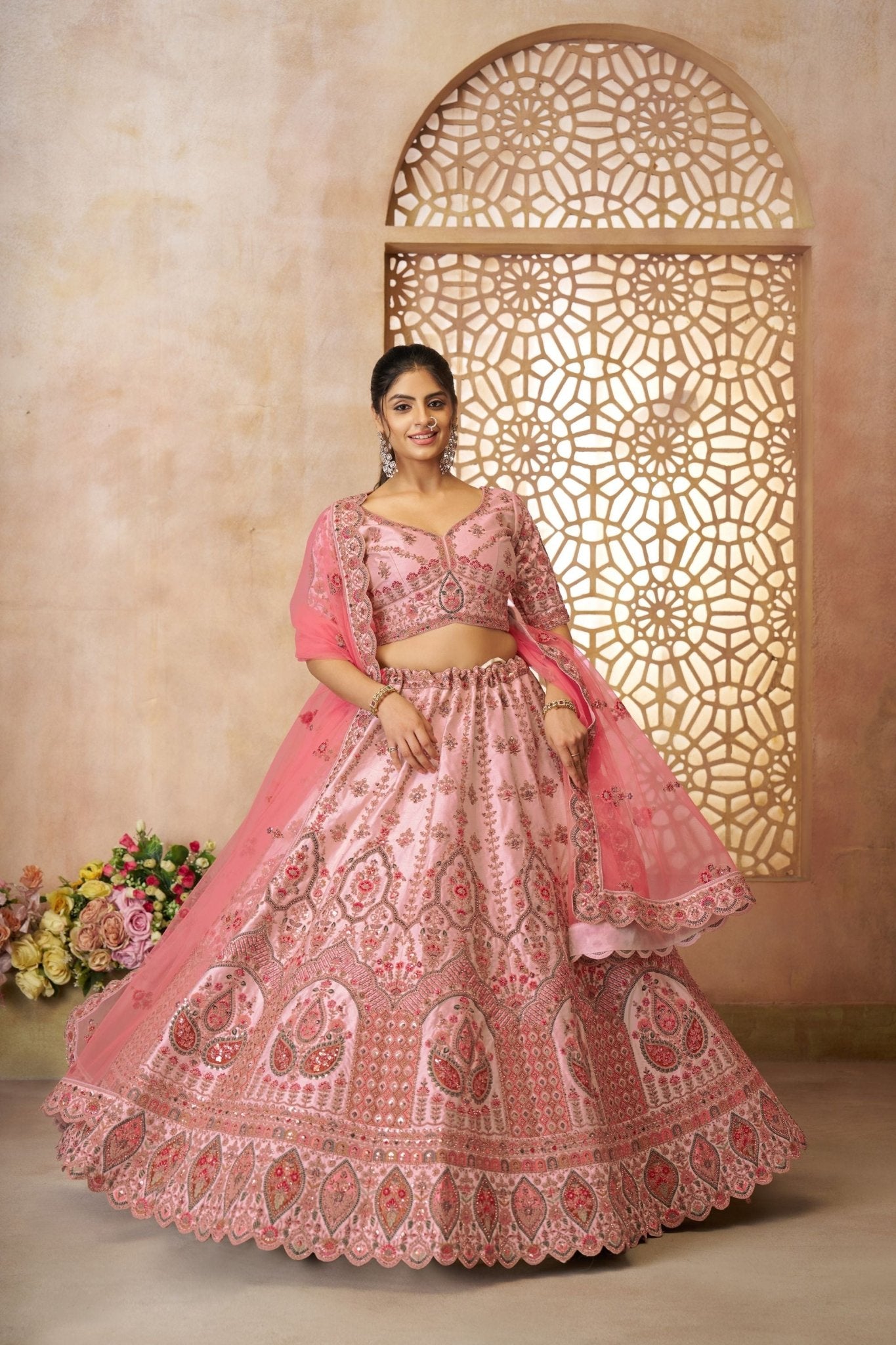 Baby Pink Embroidered Bridal Lehenga Choli Set with Net Dupatta - Mangaldeep NX