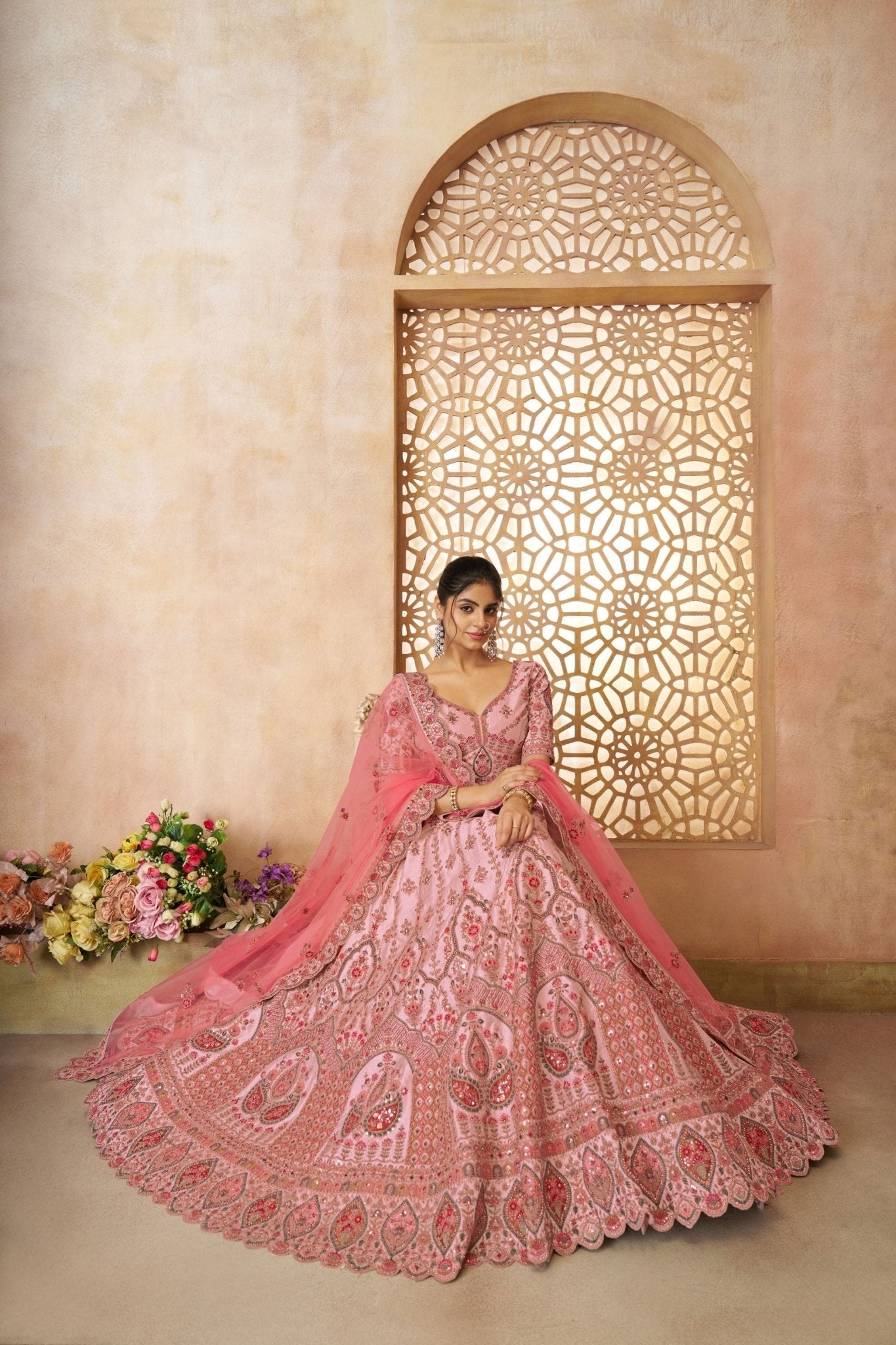 Baby Pink Embroidered Bridal Lehenga Choli Set with Net Dupatta - Mangaldeep NX