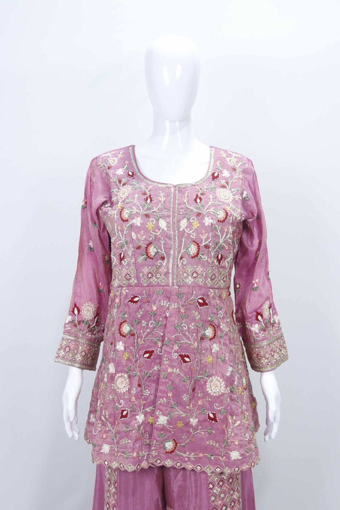 Beautiful Pink Floral Embroidered Silk Kurta Sharara Set with Ruffled Dupatta - Mangaldeep NX