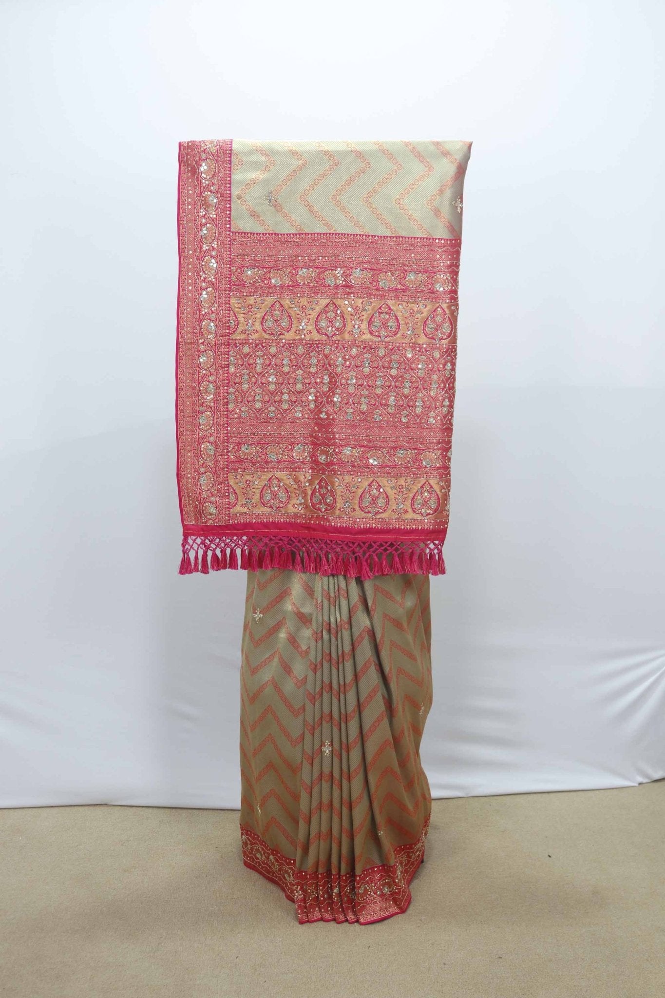 Beige and Pink Bandhani Saree with Mirror Work for Wedding - Mangaldeep NX