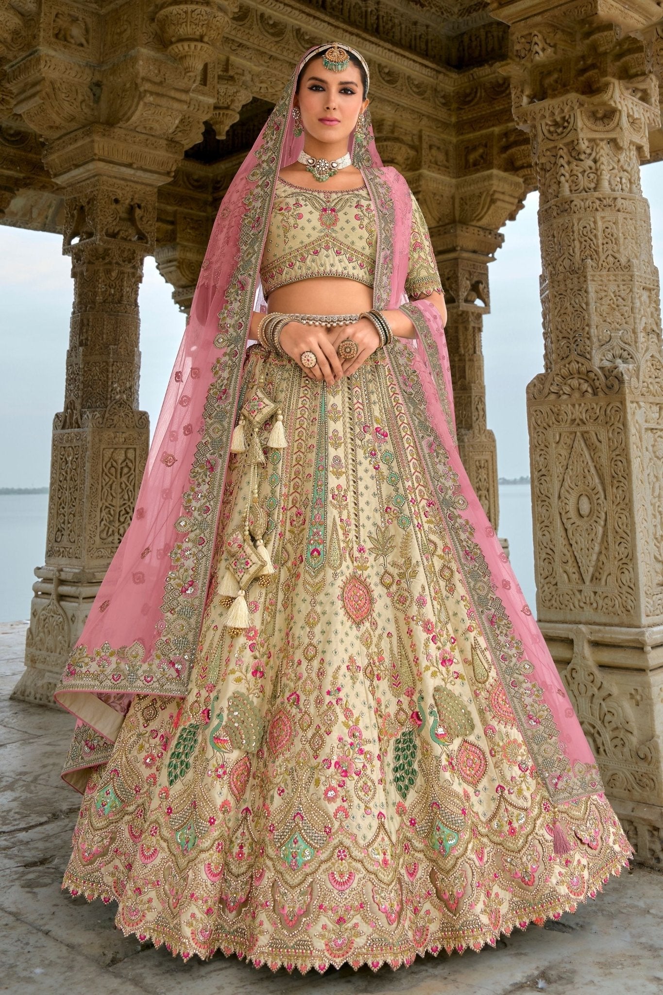 Beige and Pink Bridal Lehenga Choli with Heavy Embroidery and Zari Work - Mangaldeep NX