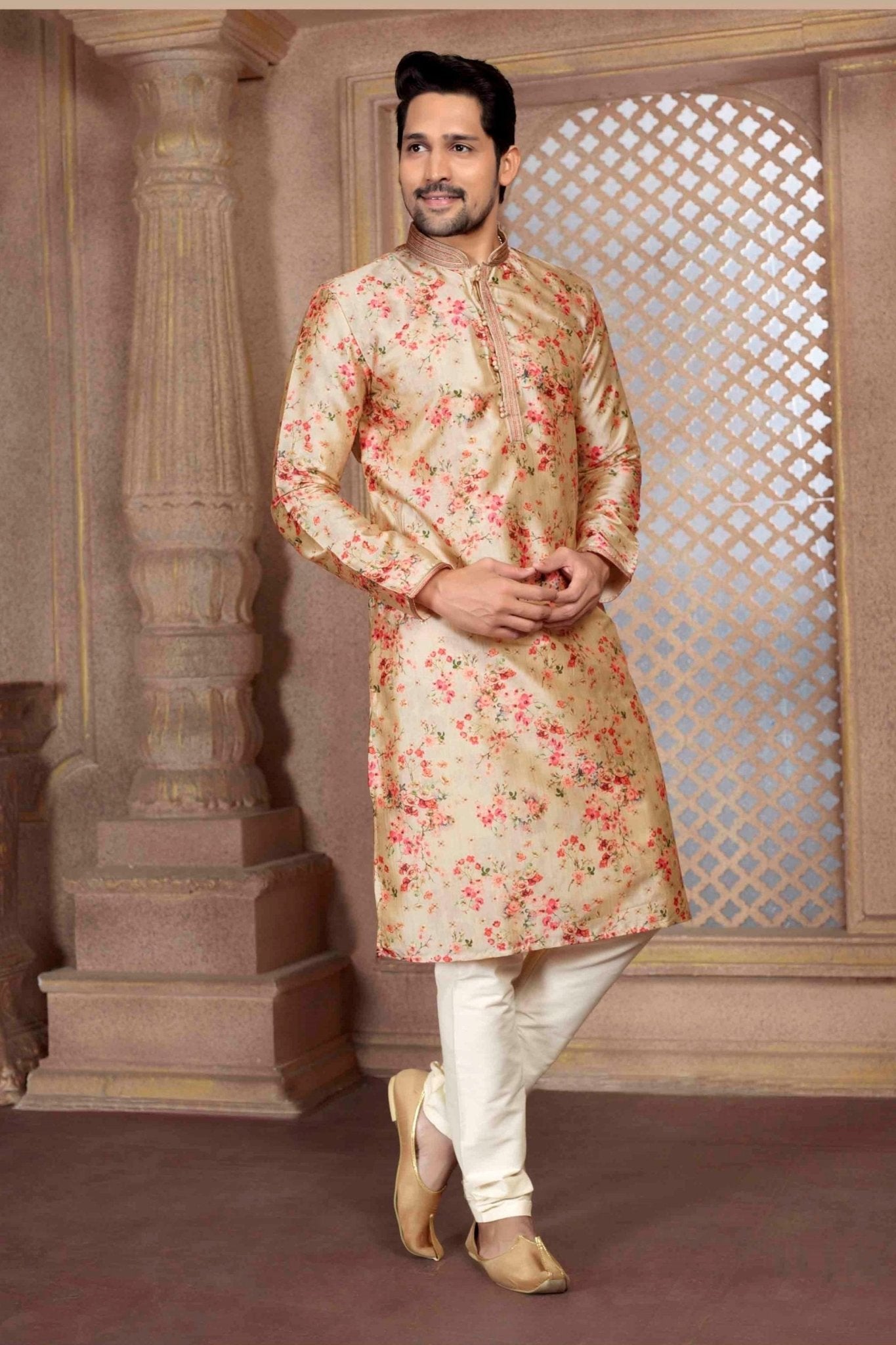 Beige Art Silk Kurta Pyjama Set for Men with Red Floral Print and Mandarin Collar - Mangaldeep NX