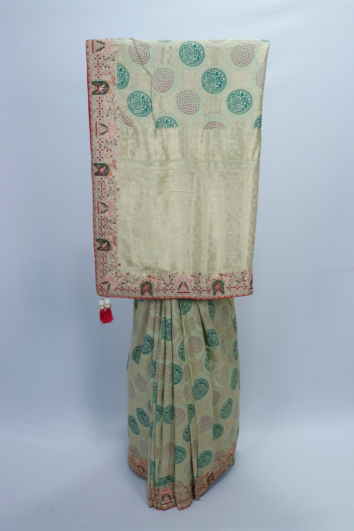 Beige Banarasi Silk Saree with Green Circular Motifs and Red Elephant Border Detailing - Mangaldeep NX