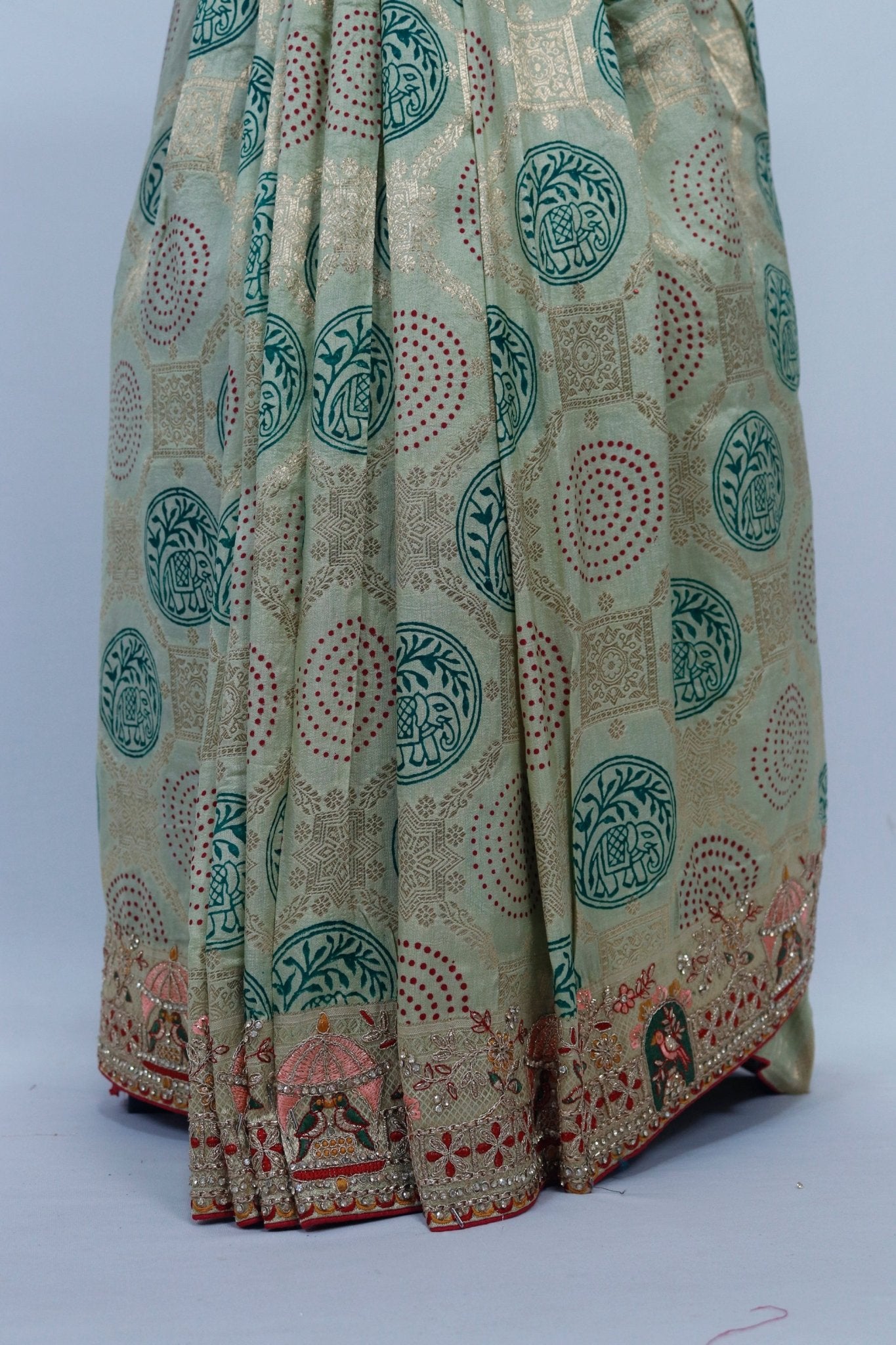Beige Banarasi Silk Saree with Green Circular Motifs and Red Elephant Border Detailing - Mangaldeep NX