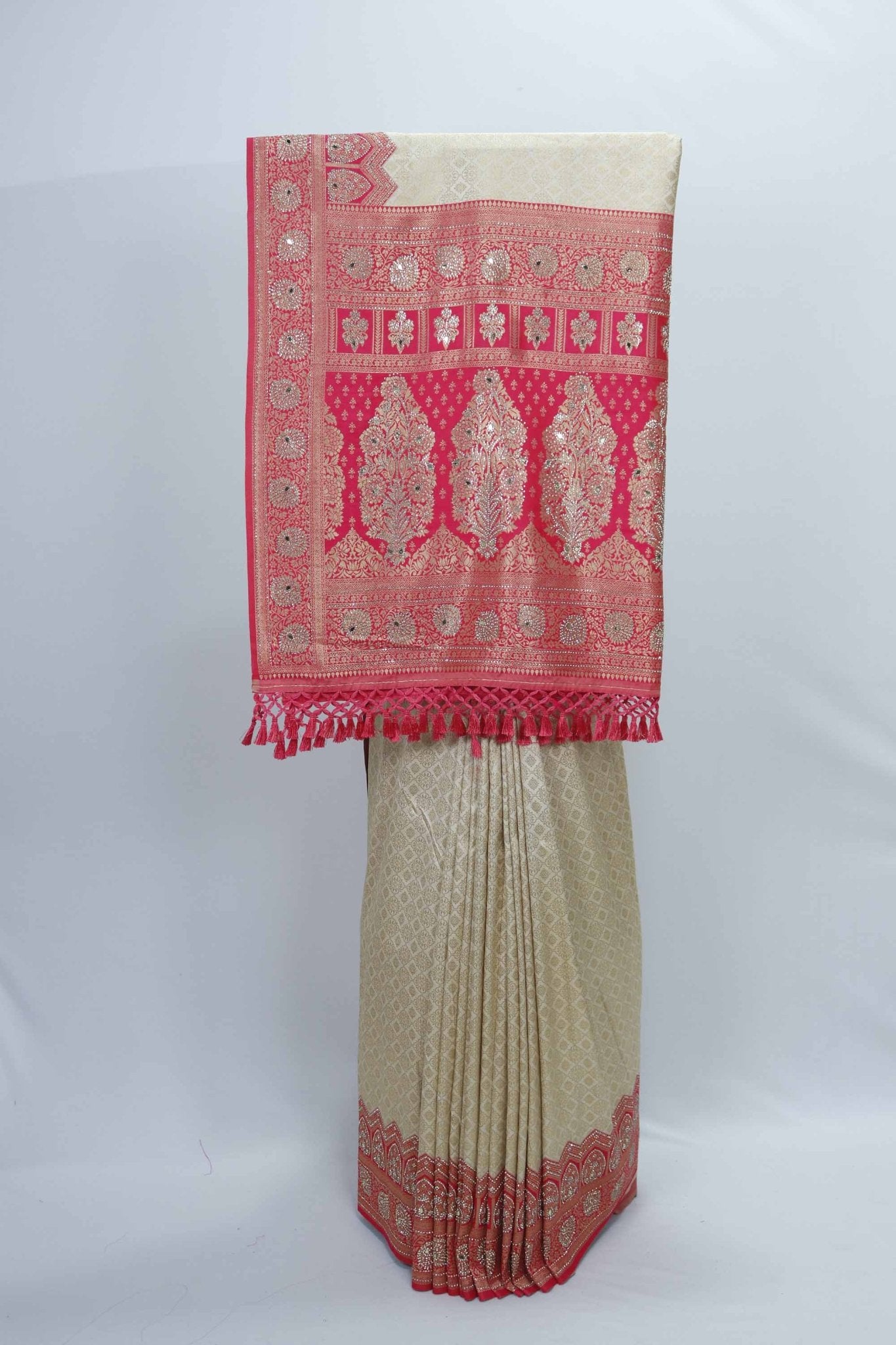 Beige Banarasi Silk Saree with Pink Zari Pallu - Mangaldeep NX
