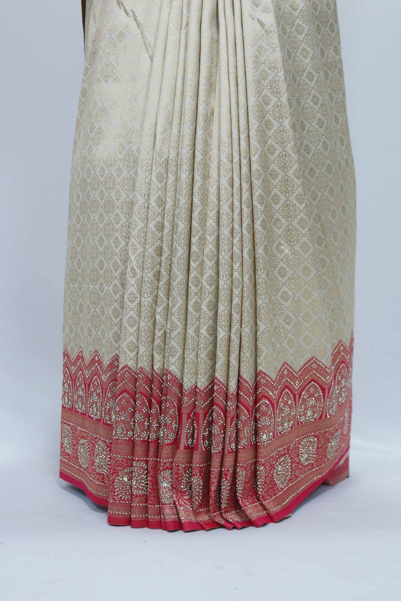 Beige Banarasi Silk Saree with Pink Zari Pallu - Mangaldeep NX