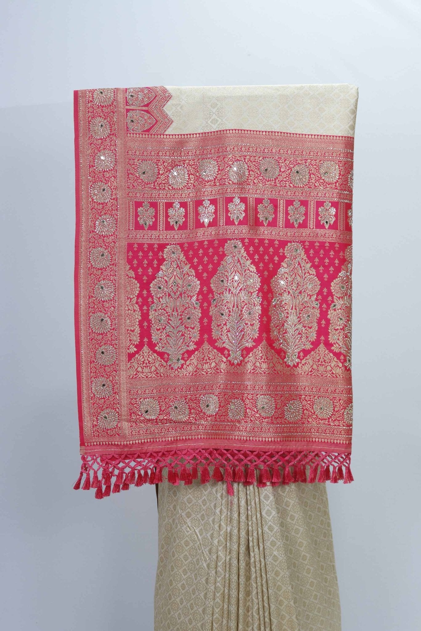 Beige Banarasi Silk Saree with Pink Zari Pallu - Mangaldeep NX