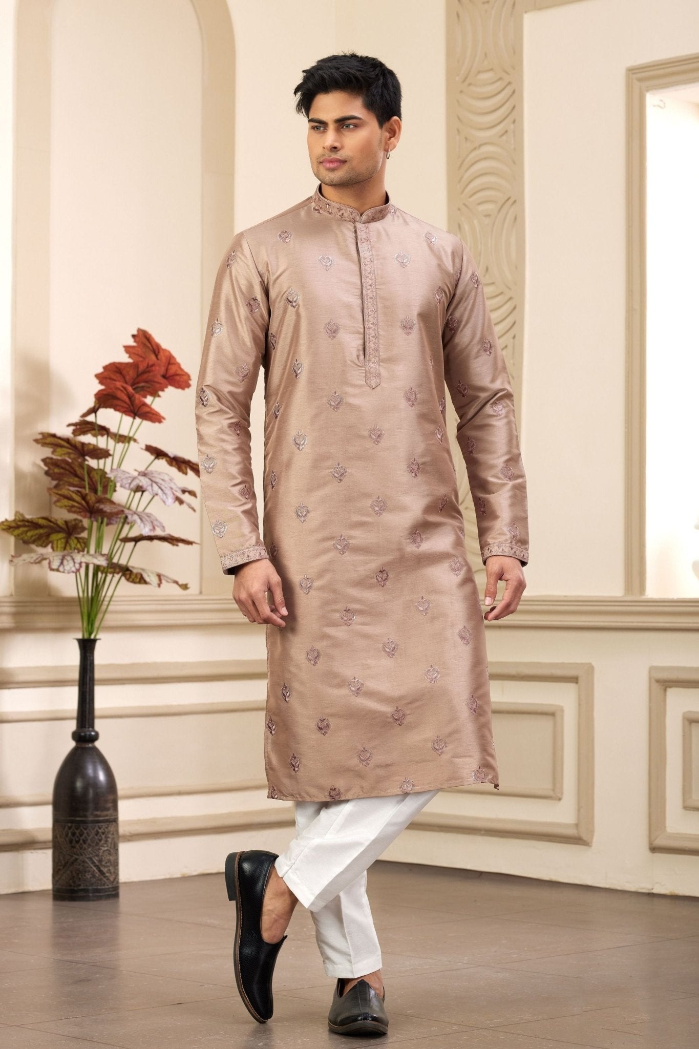 Beige Embroidered Kurta with White Churidar Pants for Men - Mangaldeep NX
