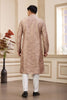 Beige Embroidered Kurta with White Churidar Pants for Men - Mangaldeep NX