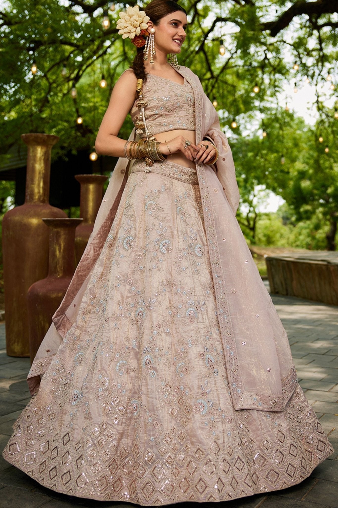 Beige Embroidered Silk Lehenga Choli with Sequin and Mirror Work Dupatta - Mangaldeep NX