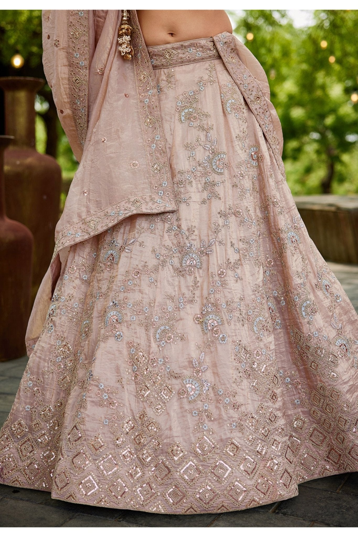 Beige Embroidered Silk Lehenga Choli with Sequin and Mirror Work Dupatta - Mangaldeep NX