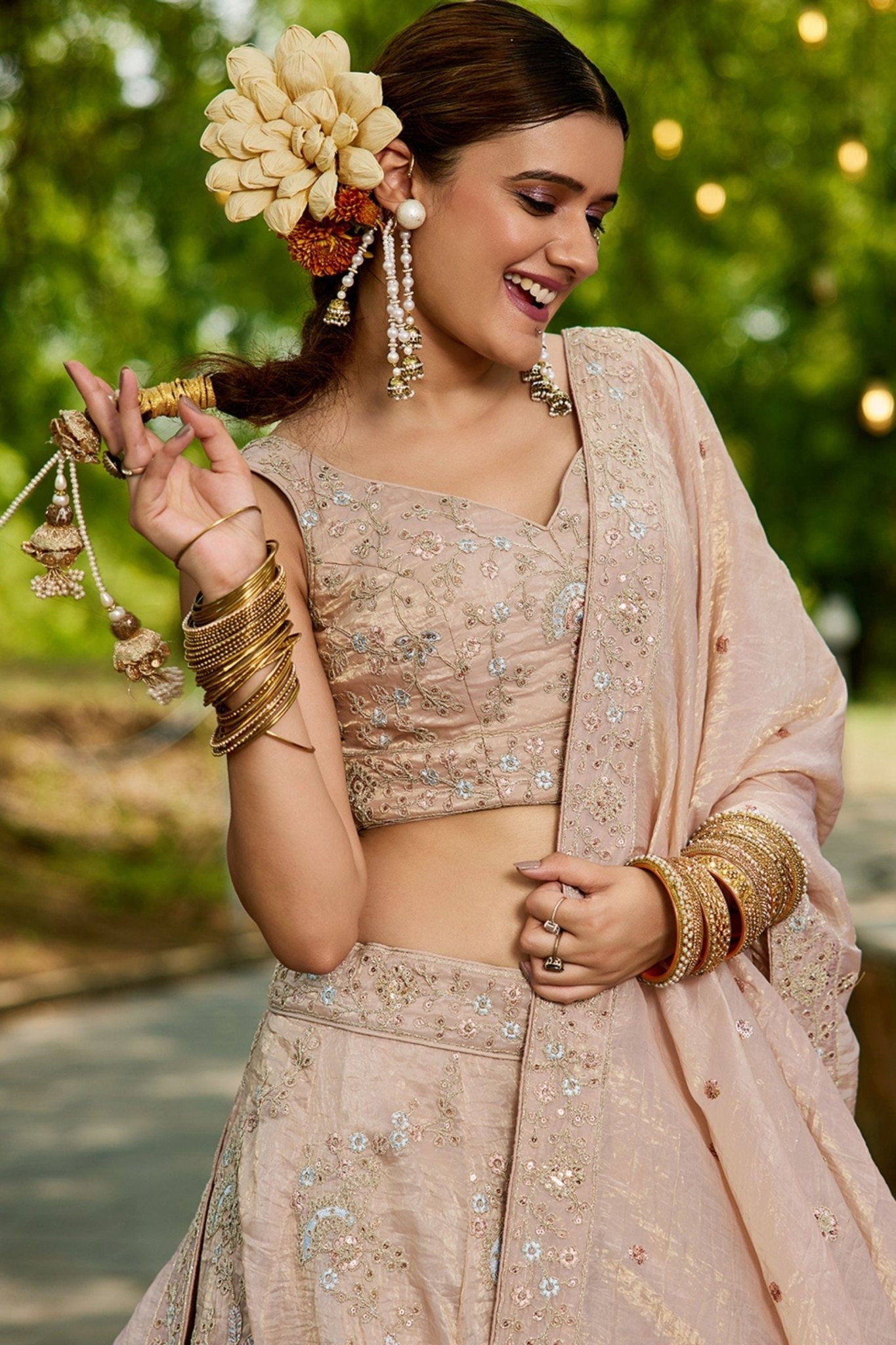 Beige Embroidered Silk Lehenga Choli with Sequin and Mirror Work Dupatta - Mangaldeep NX