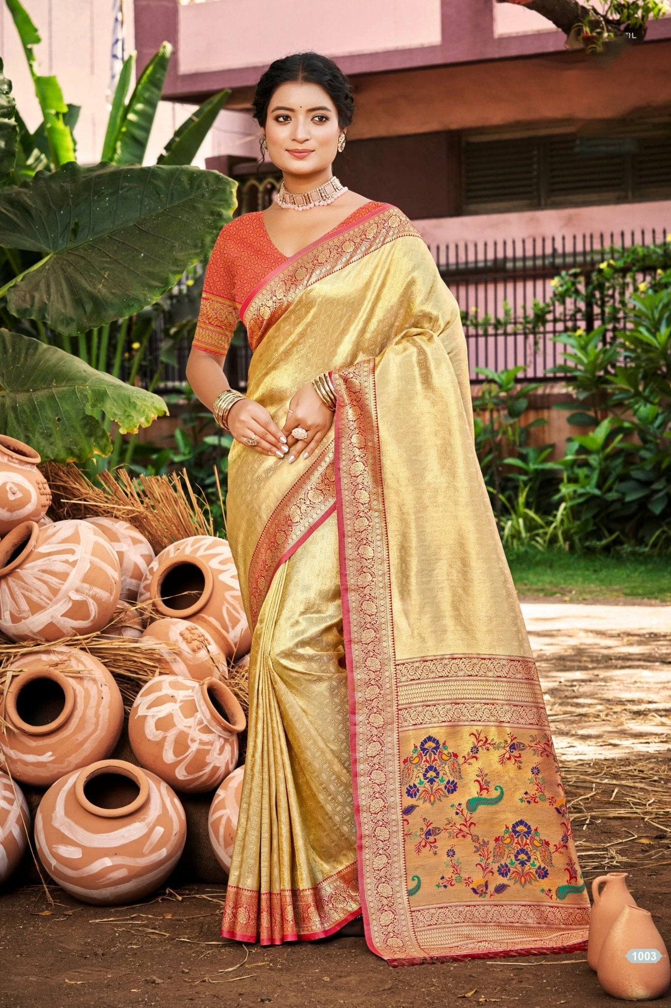 Beige Kanjivaram Silk Saree with Red Zari Woven Border and Multicolor Floral Pallu - Mangaldeep NX