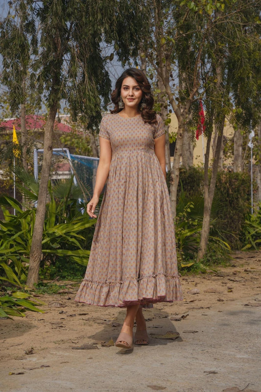 Beige Printed Cotton Anarkali Dress with Ruffled Hem and Cap Sleeves - Mangaldeep NX