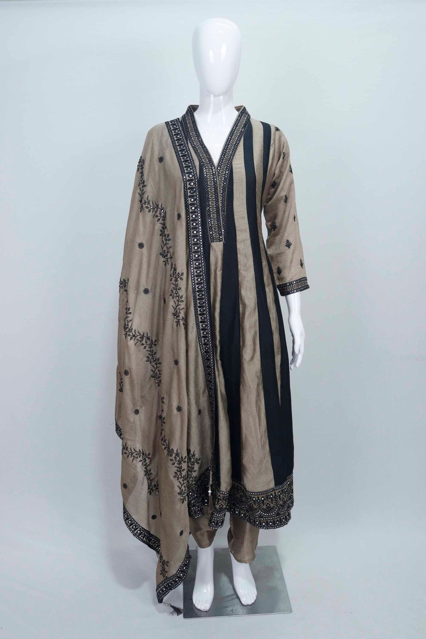 Black and Beige Embroidered Salwar Suit Set for Women Kurta with Dupatta Festive Ethnic Wear - Mangaldeep NX