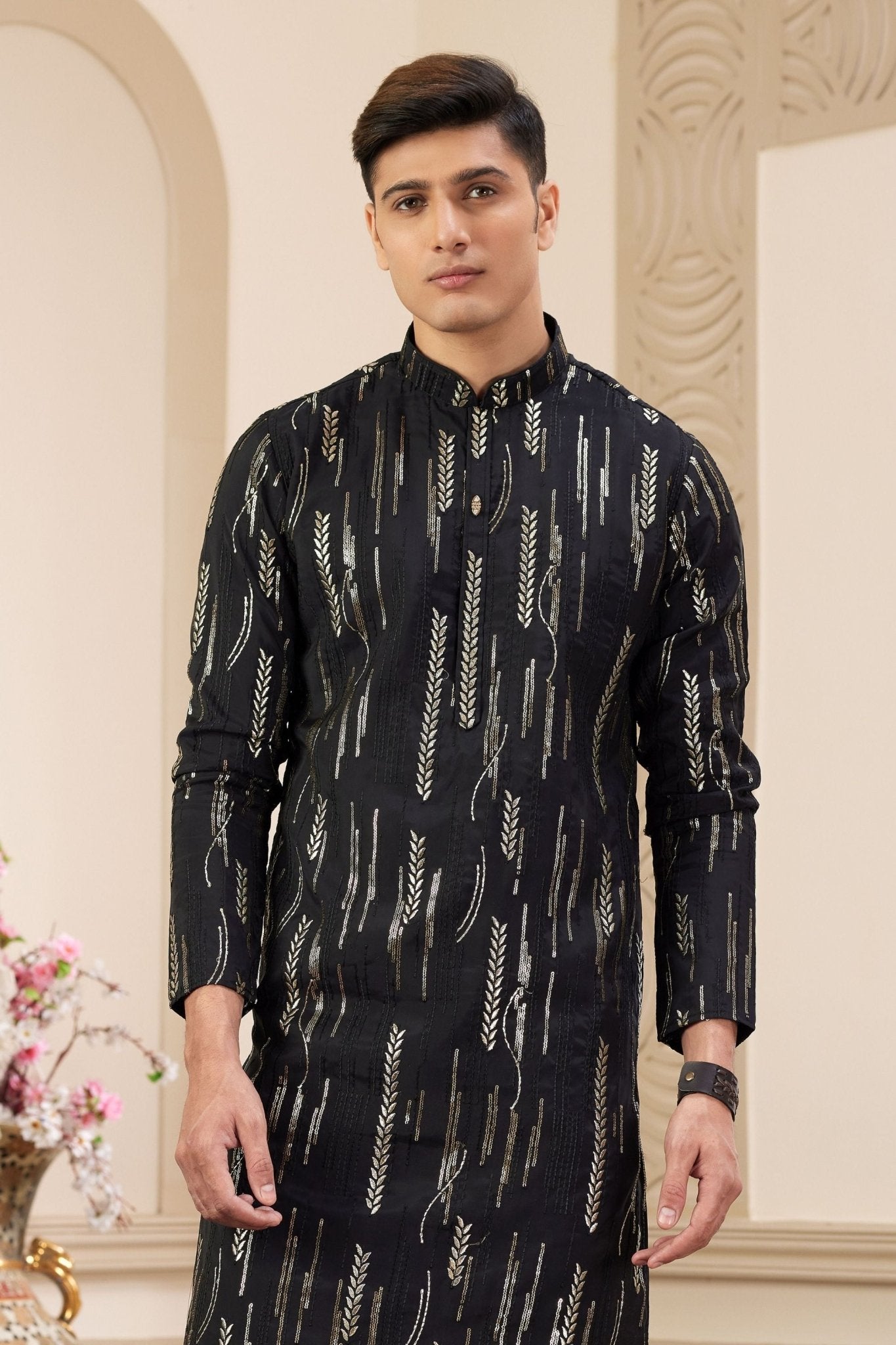 Black and Gold Embroidered Kurta Pajama Set for Men - Mangaldeep NX