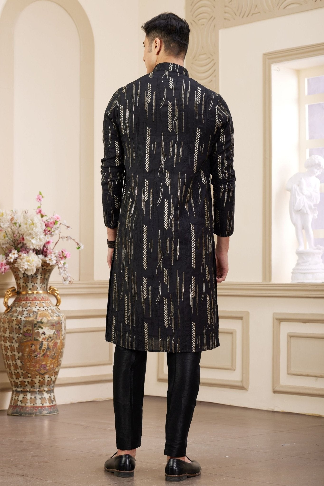 Black and Gold Embroidered Kurta Pajama Set for Men - Mangaldeep NX