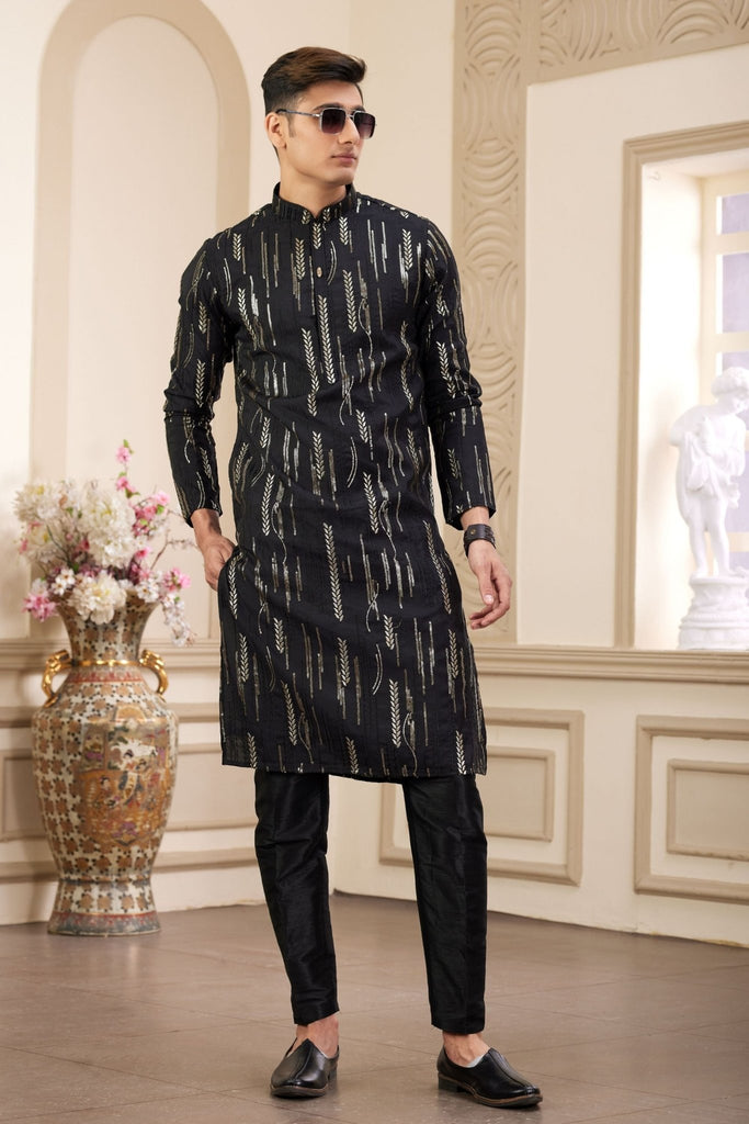 Black and Gold Embroidered Kurta Pajama Set for Men - Mangaldeep NX