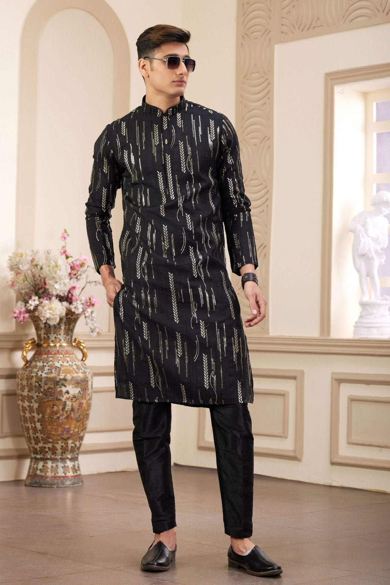 Black and Gold Embroidered Kurta Pajama Set for Men - Mangaldeep NX