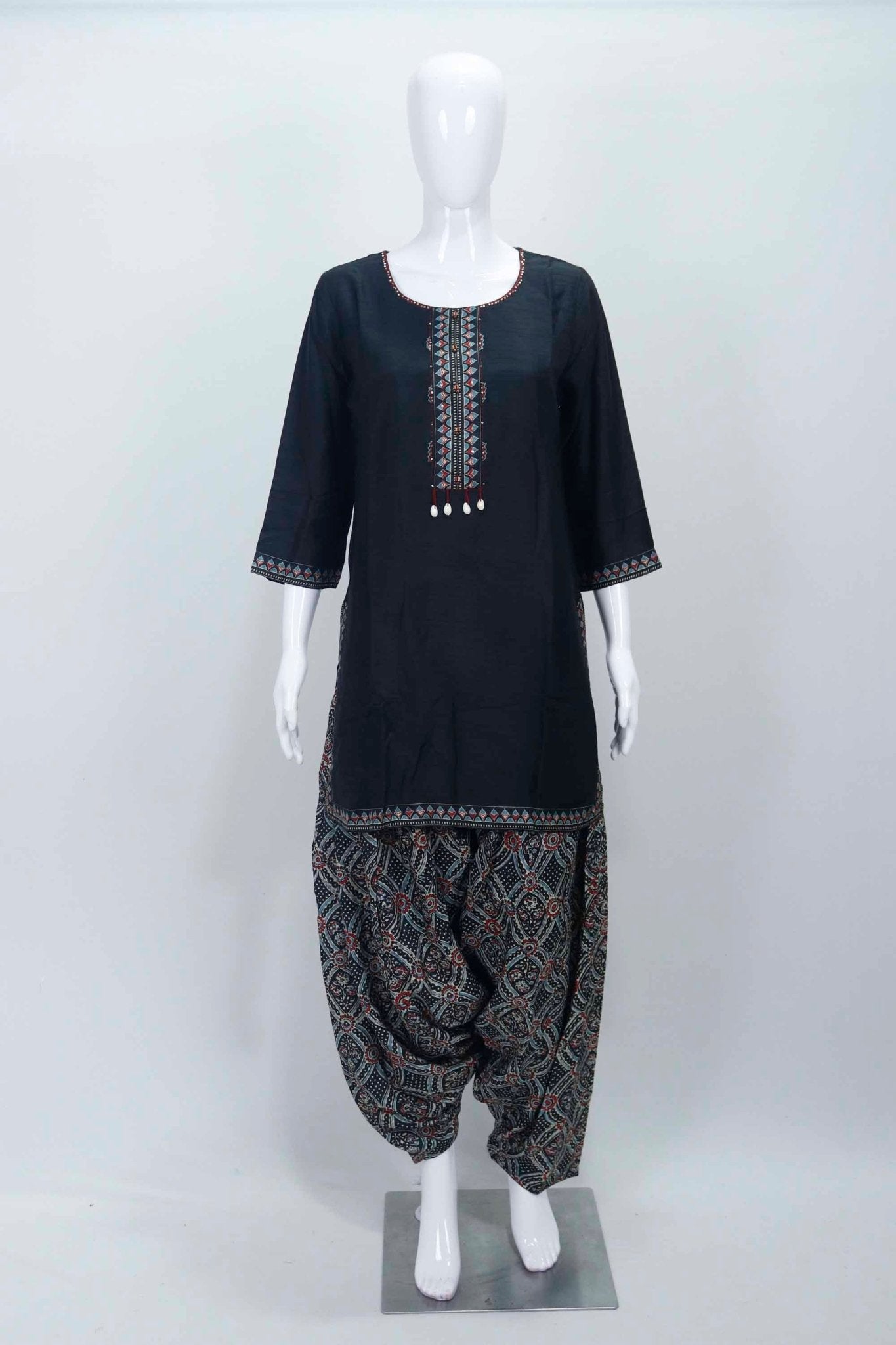 Black and Red Cotton Patiala Suit Set with Geometric Print and Embroidered Neckline - Mangaldeep NX