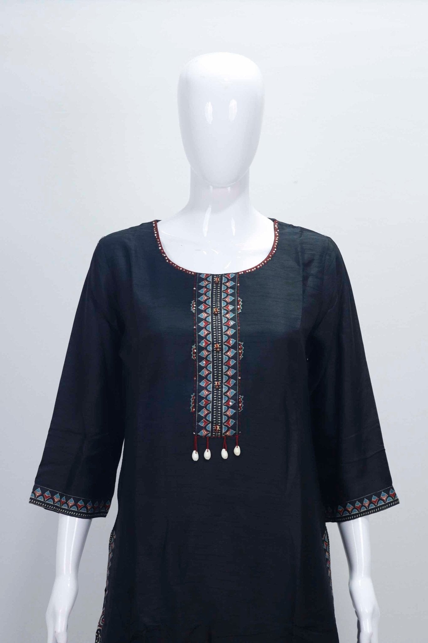 Black and Red Cotton Patiala Suit Set with Geometric Print and Embroidered Neckline - Mangaldeep NX