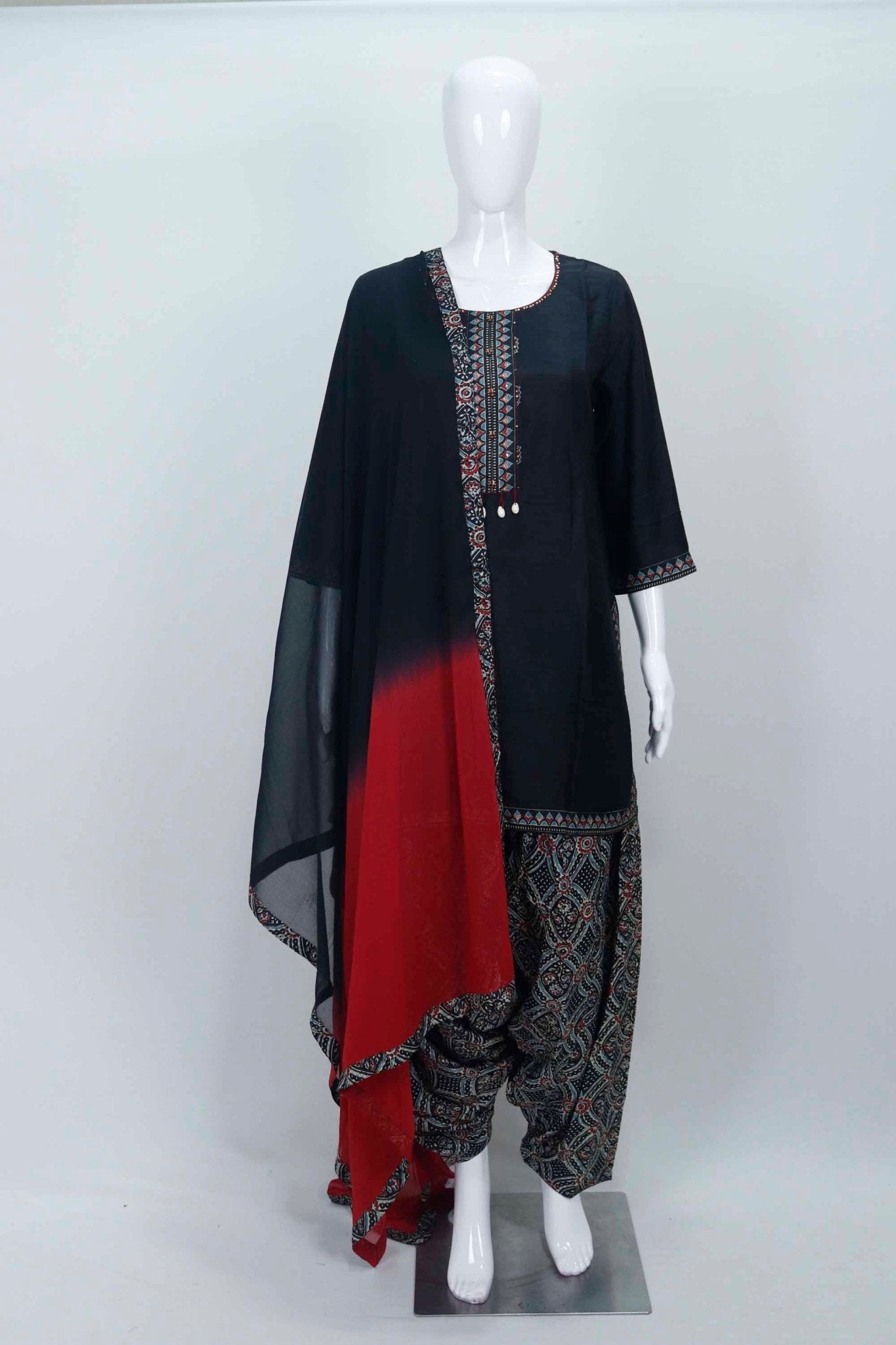 Black and Red Cotton Patiala Suit Set with Geometric Print and Embroidered Neckline - Mangaldeep NX