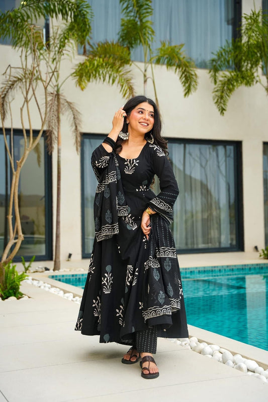 Black Embroidered Anarkali Kurta Set with Printed Palazzo and Dupatta for Women - Mangaldeep NX