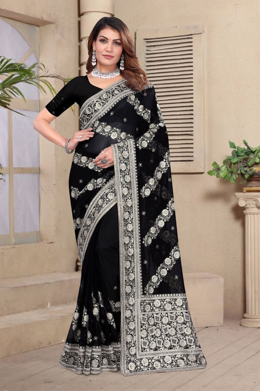 Black Embroidered Georgette Saree with Silver Floral Thread Work and Matching Blouse Piece - Mangaldeep NX