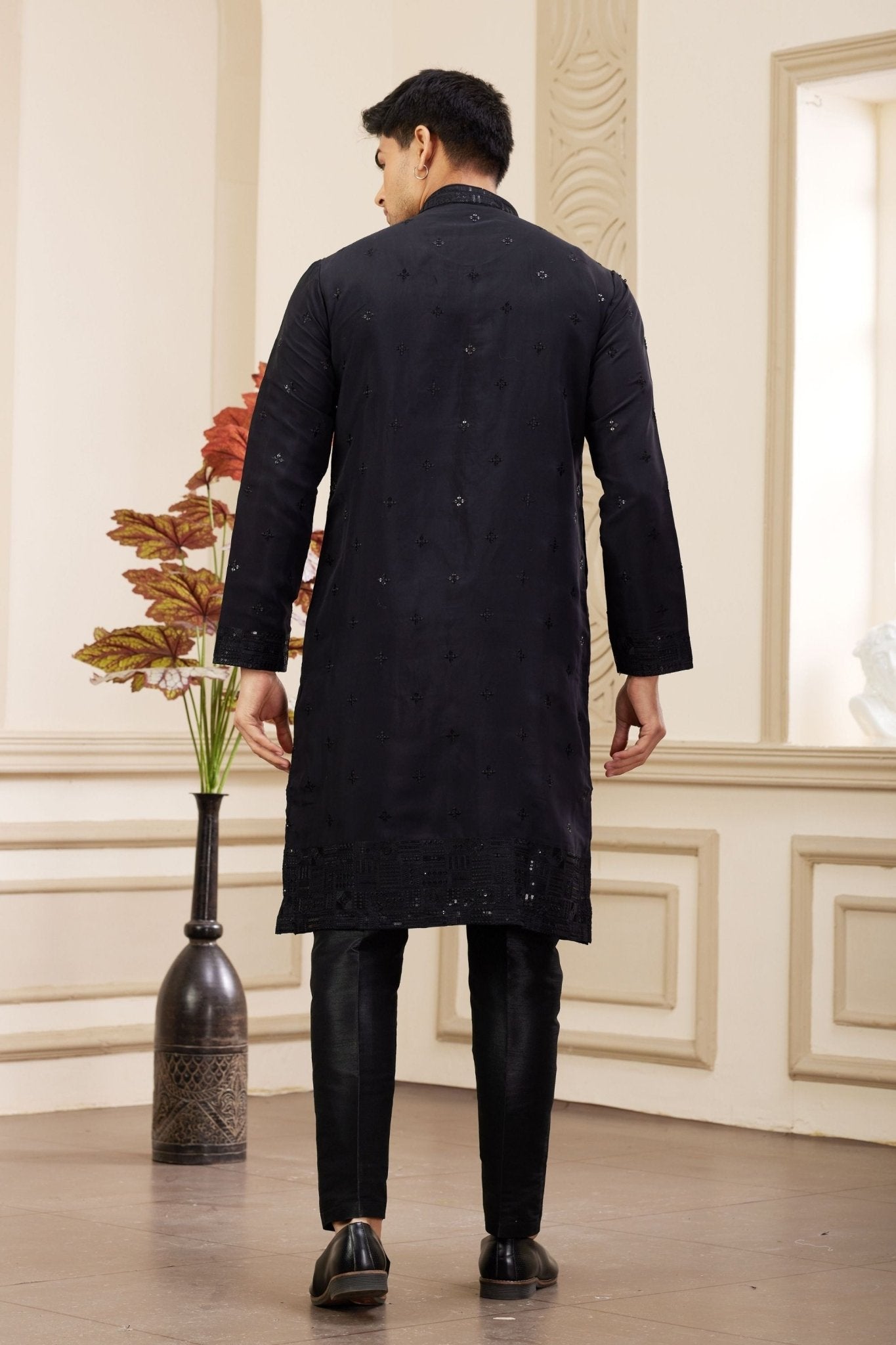 Black Embroidered Kurta with Matching Churidar Pants for Men - Mangaldeep NX