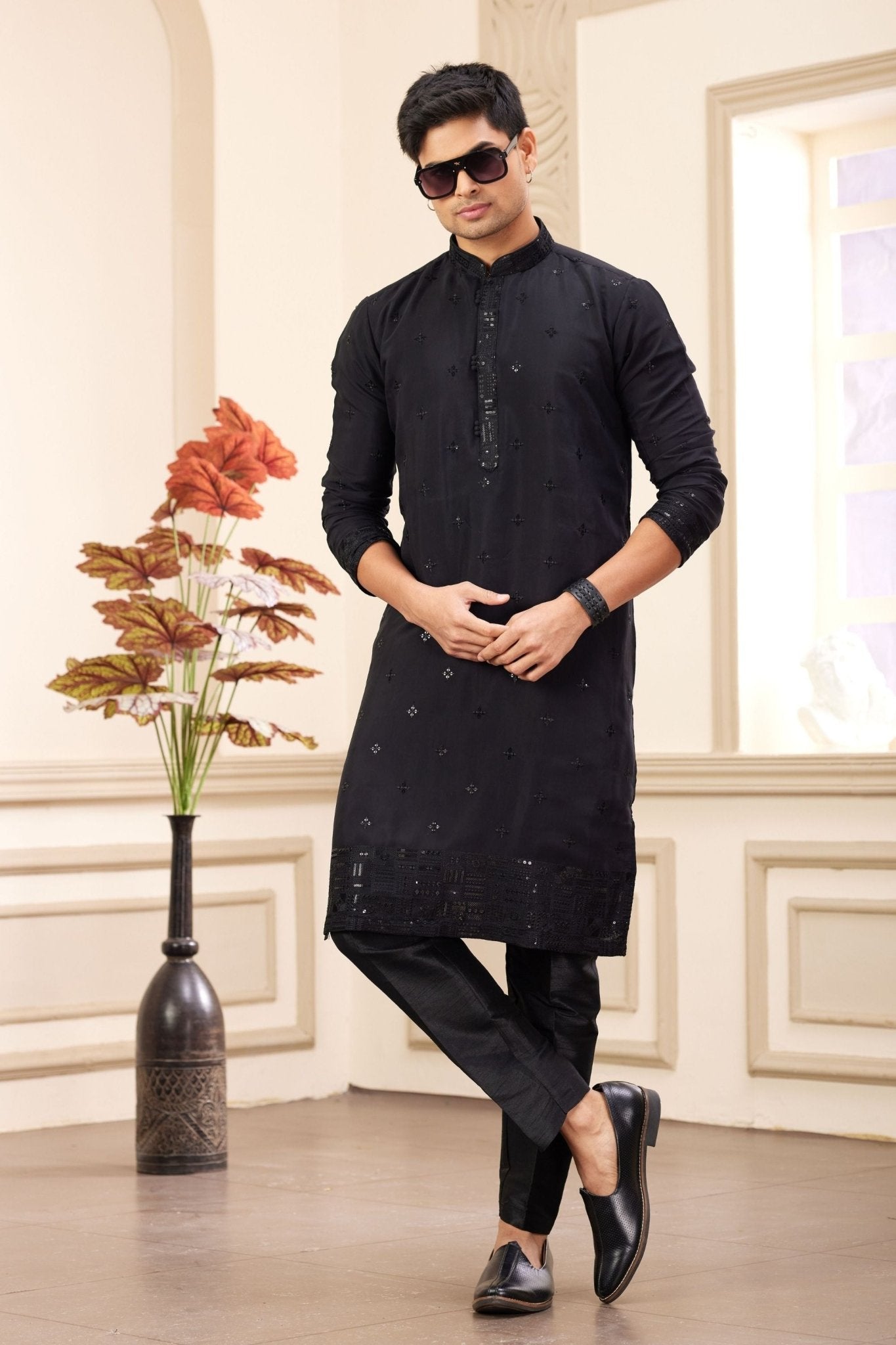 Black Embroidered Kurta with Matching Churidar Pants for Men