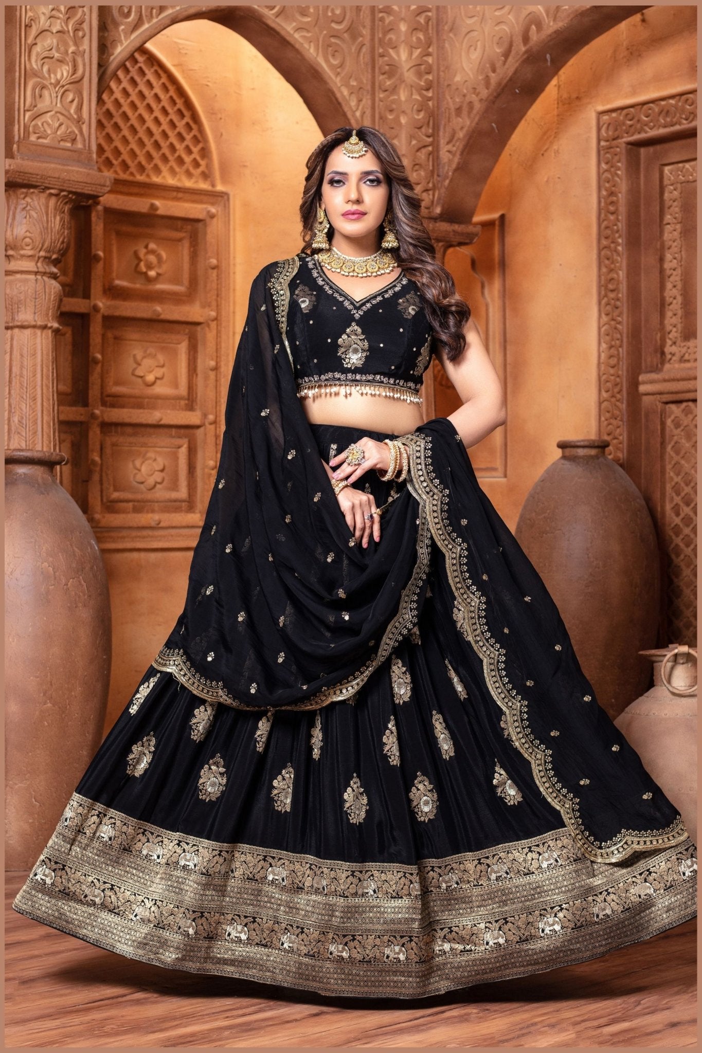 Black Embroidered Silk Lehenga Choli Set with Zari and Mirror Work - Mangaldeep NX