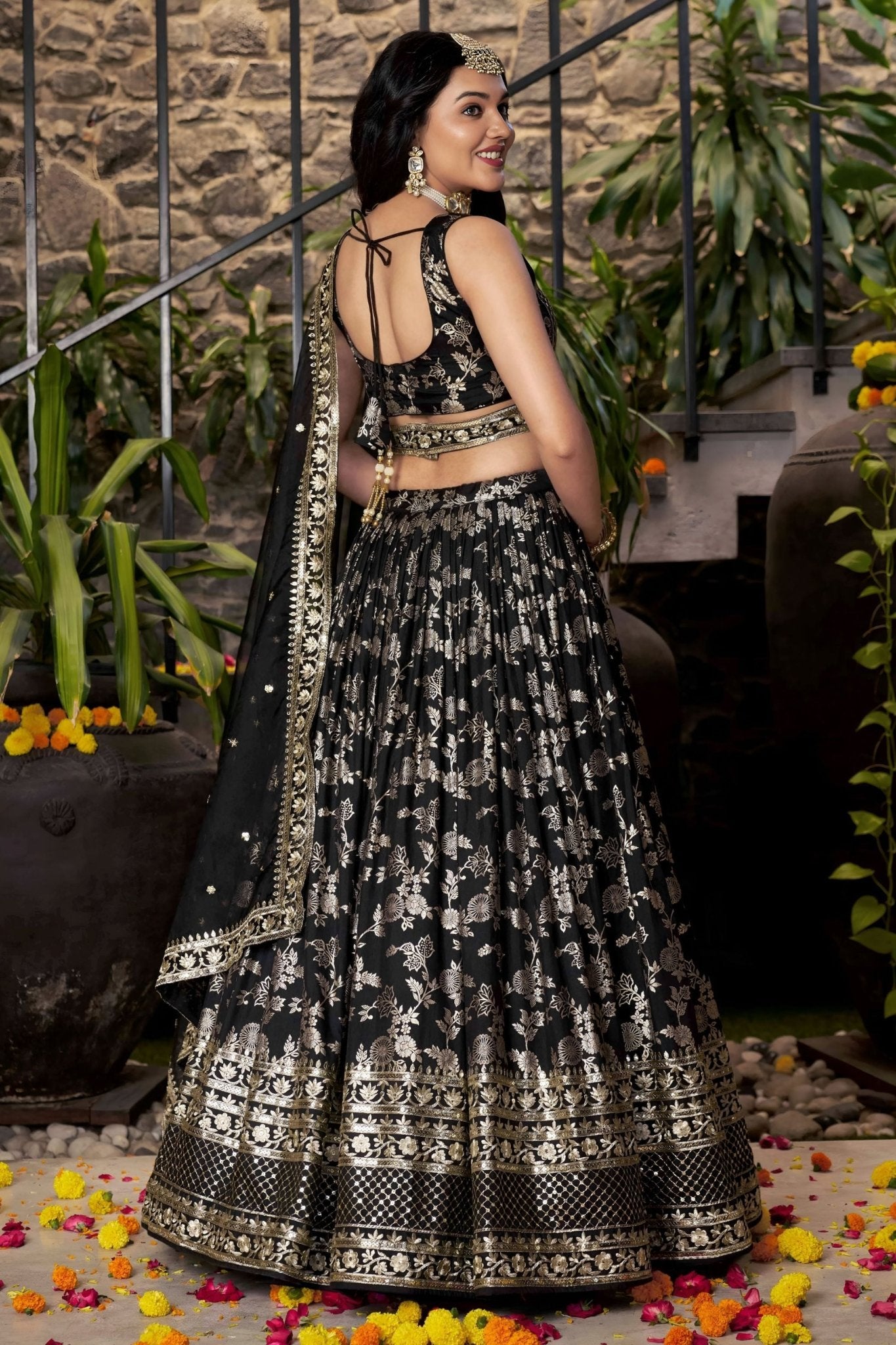 Black Embroidered Silk Lehenga Choli with Zari Work and Net Dupatta for Festive Wear - Mangaldeep NX