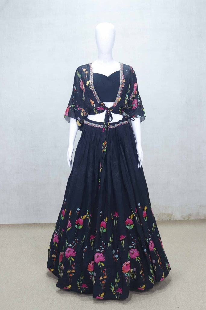 Black Floral Embroidered Lehenga Set with Tie - Up Shrug and Sweetheart Blouse - Mangaldeep NX