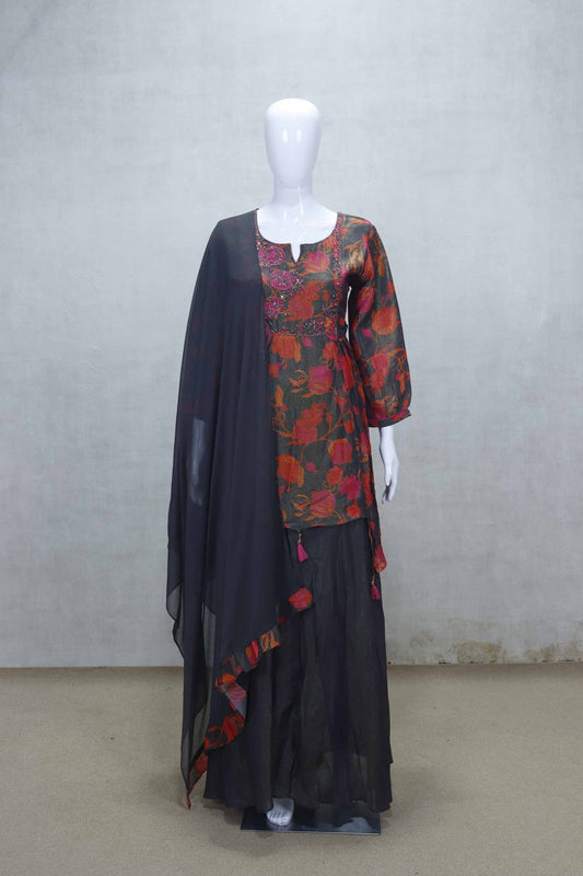 Black Floral Printed Kurti Style Sharara Set with Dupatta - Mangaldeep NX