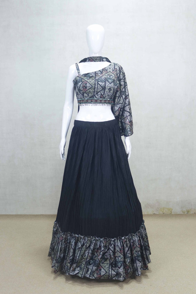 Black Georgette Lehenga Choli with Geometric Print Crop Top and Dupatta - Mangaldeep NX