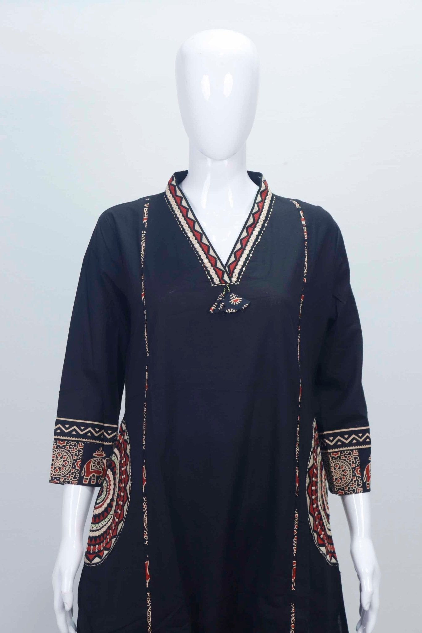 Black Handblock Printed Cotton Kurta Set with Ajrakh Dupatta and Palazzo - Mangaldeep NX